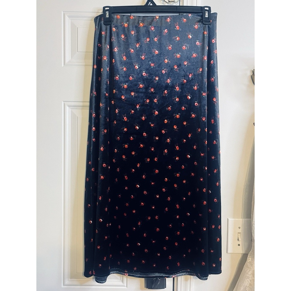 Poppy Black Red Poppy Floral Velvet Midi Skirt Size L Whimsigoth Grunge
